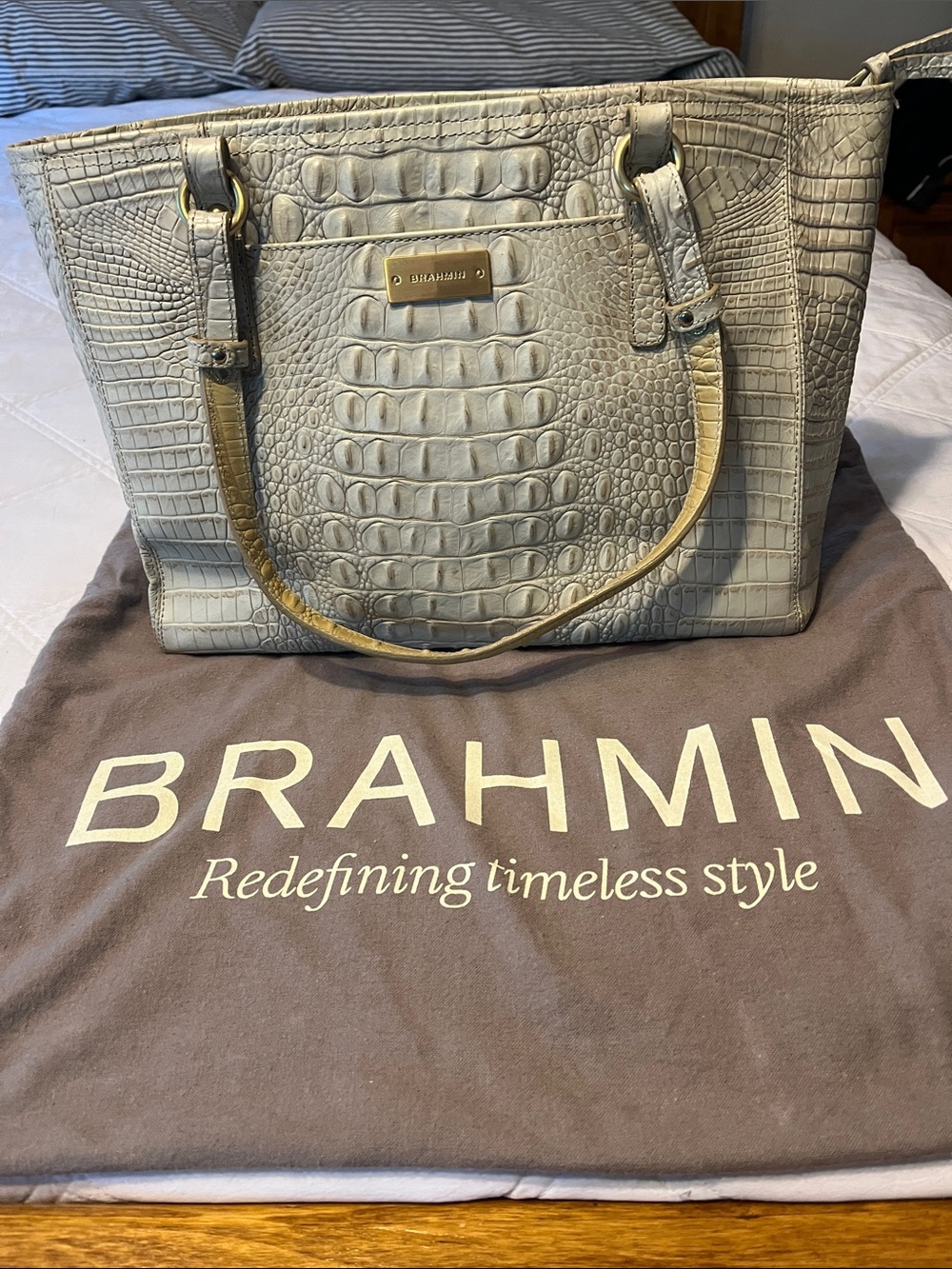 Brahmin Light creamy white/silver Croc-Embossed Leather Tote with Gold Hardware